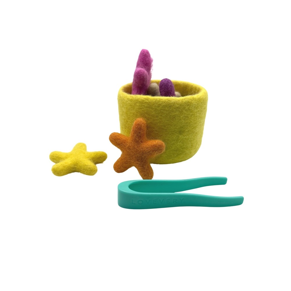 Lovevery Felt Stars Sorting Set Yellow Bowl Teal Tweezers Montessori Toy